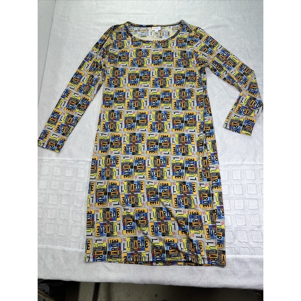 LuLaRoe Julia Dress Womens Large License Plate Graphic Long Sleeve Bodycon Knit